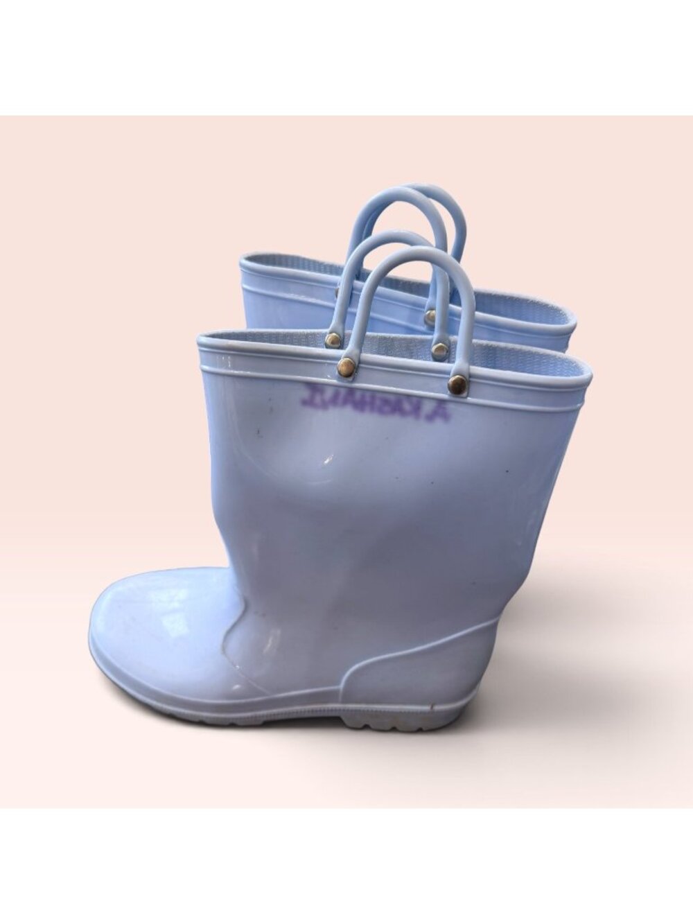 Girls Light Blue Rain Boots Rubber Pull-On Handles Waterproof